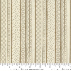May include: Beige fabric with a repeating pattern of brown stripes featuring different geometric designs. The fabric is measured in inches.