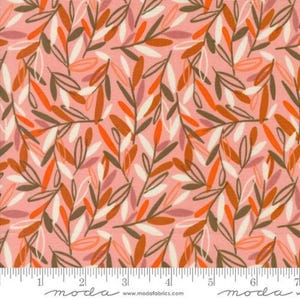 May include: Pink fabric with a repeating pattern of brown, orange, and white leaves. The fabric is from Moda Fabrics and has the text "moda" printed on the bottom.