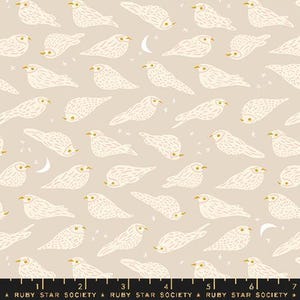 May include: A fabric pattern featuring cream-colored birds with gold beaks and eyes, scattered across a tan background. The design includes small stars and crescent moons. The text "RUBY STAR SOCIETY" is at the bottom.