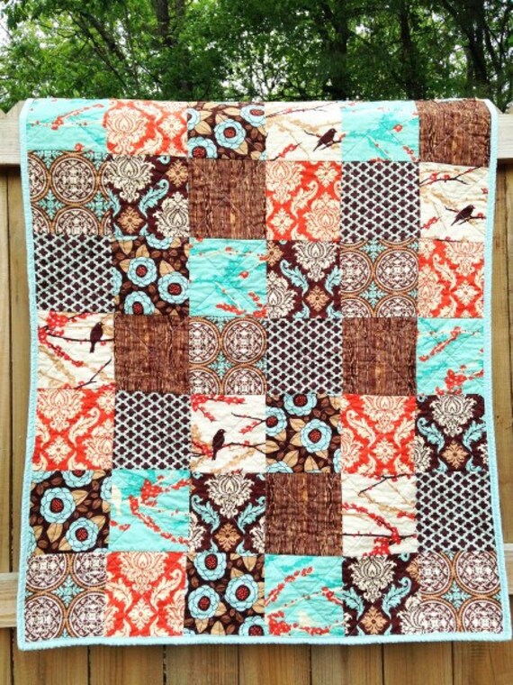 Items similar to Patchwork Crib Quilt with Minky dot, Aviary 2 in bark