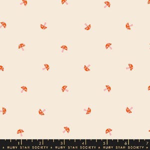 May include: A white background with a repeating pattern of orange and pink mushrooms. The mushrooms have white polka dots and pink stems.