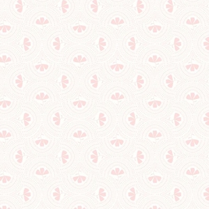 May include: A repeating pattern on a white background featuring light pink stylized flowers centered within circular motifs. Each circular motif is composed of delicate dotted lines, creating a soft, geometric, and floral design across the surface.