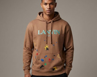 Lanvin Paris Vintage Hoodie: Brown Paint Splatter Oversized Sweatshirt