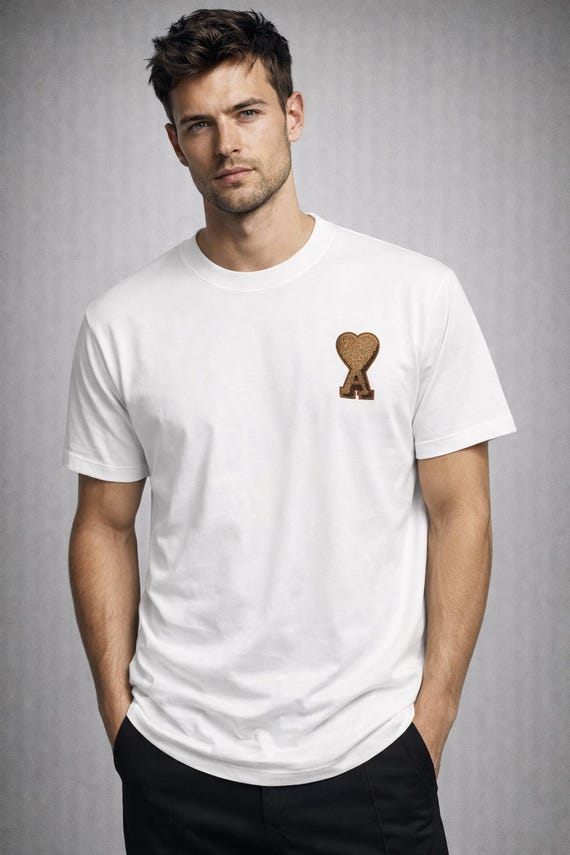 Ami Paris Heart Logo T-shirt | Textured Brown Embroidered Cotton 