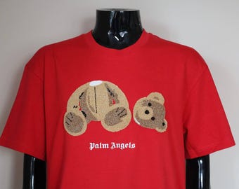 Palm Angels  tshirt. embroidered  teddy bear and print logo  , Designer tshirt for him , cotton Red tee