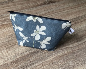 medium size padded zipper pouch, purse organiser, make up bag, white orchids on light blue