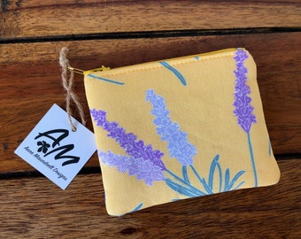 Mini zipper pouch, coin pouch,  hand drawn lavender flowers on yellow