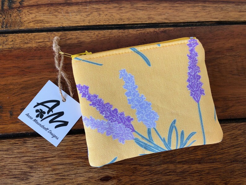 Mini zipper pouch, coin pouch, hand drawn lavender flowers on yellow image 1