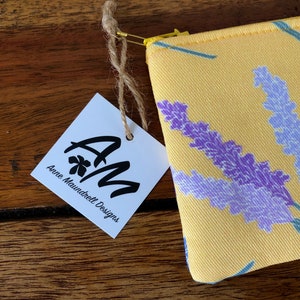 Mini zipper pouch, coin pouch, hand drawn lavender flowers on yellow image 3