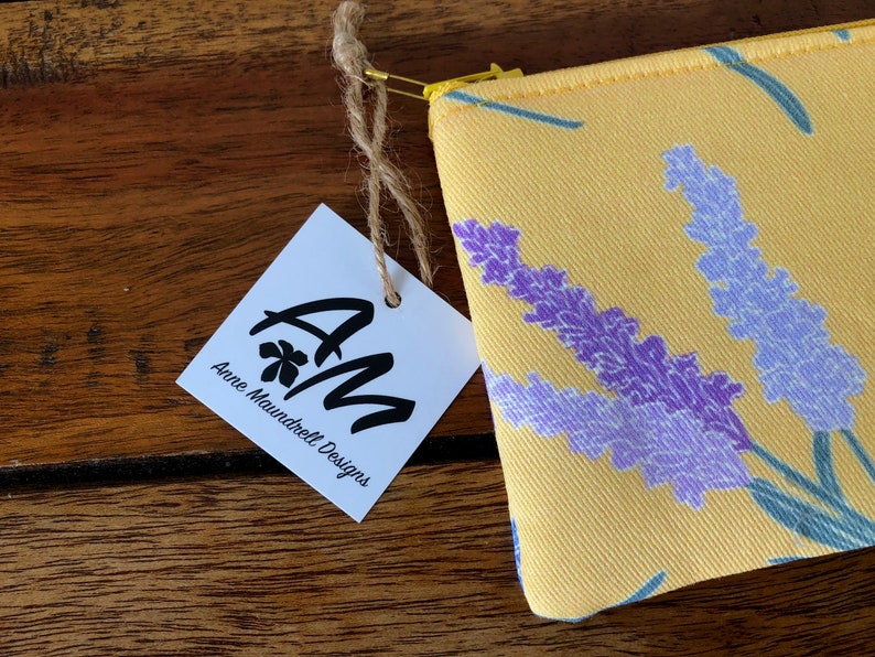 Mini zipper pouch, coin pouch, hand drawn lavender flowers on yellow image 3