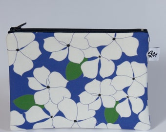 White periwinkles on blue padded zipper pouch