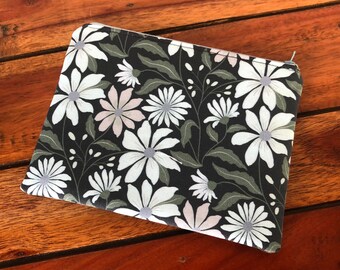 Floral pattern medium zipper pouch, grey flowers on a deep charcoal background
