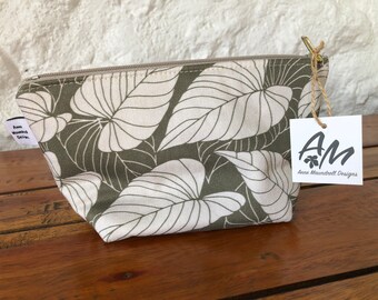 Medium size cotton zipper pouch jungle leaves in olive and beige