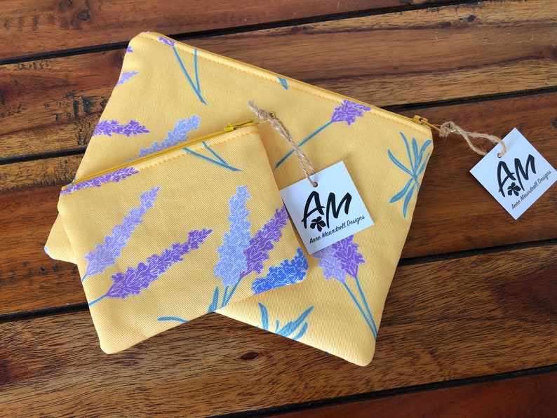 Mini zipper pouch, coin pouch, hand drawn lavender flowers on yellow image 5