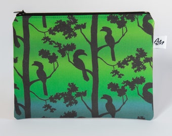 Tropical hornbill green blue small flat zipper pouch