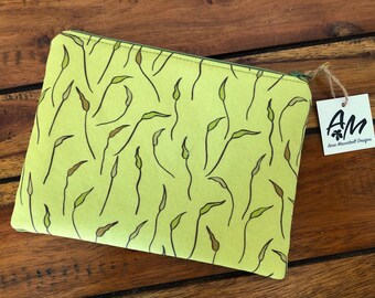 Moss fronds, medium zipper pouch, purse organiser in green and gold on a moss green background