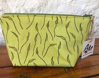 Medium size cotton zipper pouch moss frond pattern on light green