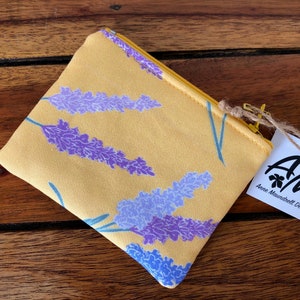 Mini zipper pouch, coin pouch, hand drawn lavender flowers on yellow image 2