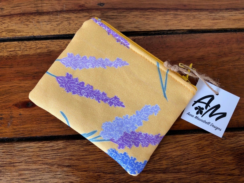 Mini zipper pouch, coin pouch, hand drawn lavender flowers on yellow image 2