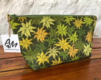 large  size padded zipper pouch, purse organiser, make up bag, moss pattern in green and gold