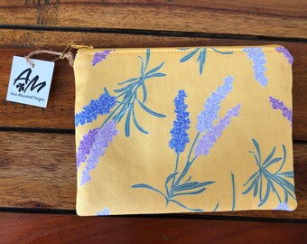 Medium sized padded zipper pouch, purse organiser. Purple lavender flowers on yellow