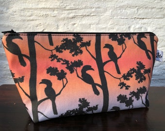 Larger size padded zipper pouch, purse organiser, make up bag, tropical hornbills at sunrise digital print