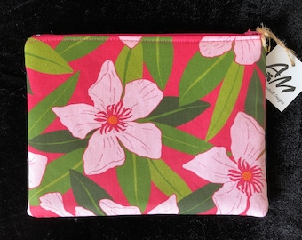 Medium sized padded zipper pouch, purse organiser. Bright floral print, pink and green