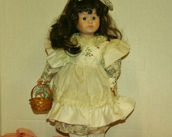 vintage doll prairie doll vintage dolls country style 17 inch doll yellow dress and pinafore 70's 80's pretty dolls vintage toys girls toys