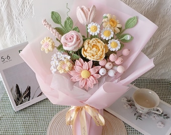 Ramo de crochet hecho a mano, flores de hilo de colores dulces, peonía, narciso, rosa, margarita, gerbera, lavanda, fruta de nieve, tulipán, nomeolvides