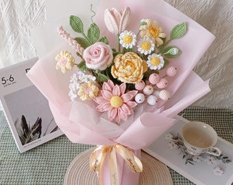 Hand-Crochet Flower Bouquet Are Perfect for Birthdays, Graduations, And Holiday Gifts. Cherry Blossom Pink Series Sweet Bouquet