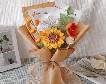 Crochet Flower Bouquet - Knitted Sunflower Bouquet, Suitable for Wedding Bridal Bouquet, Anniversary,Mother's Day,Birthday＆Graduation Gifts