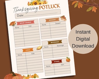 Könnte beinhalten: Druckbarer Thanksgiving-Potluck-Anmeldebogen mit Herbstthema. Das Blatt ist in Abschnitte für Hauptgericht, Beilagen, Dessert, Getränke und Sonstiges unterteilt. Es zeigt Illustrationen von Truthahn, Kürbis, Kuchen und Sonnenblumen.