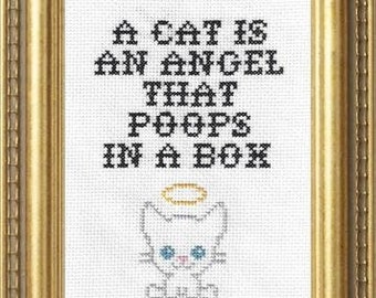 Subversive Cross Stitch Kit: A Cat Is An Angel That Poops in a Box