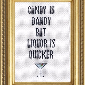 Subversief kruissteek PDF-patroon: snoep is dandy, maar drank is sneller