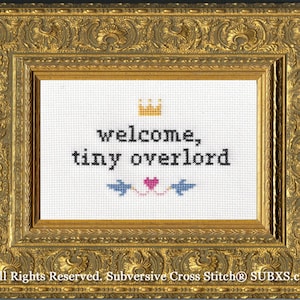 Könnte beinhalten: Ein gerahmtes Kreuzstich-Design mit einem goldenen Rahmen. Der Kreuzstich zeigt eine Krone, zwei Vögel, ein Herz und den Text "welcome, tiny overlord".