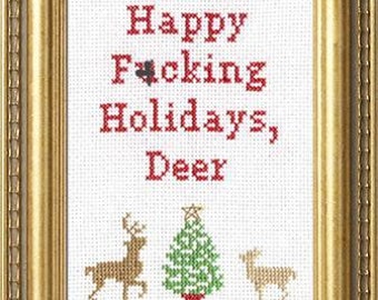 Subversive Cross Stitch Kit: Happy F*cking Holidays, Deer