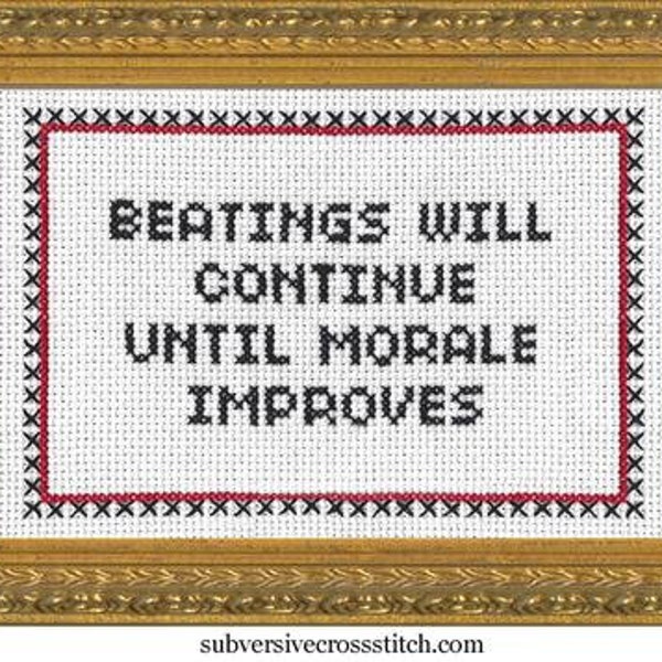 Subversive Cross Stitch Kit: Beatings Will Continue Until Morale Improves