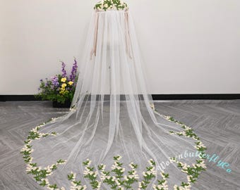 Chal de tul para novia, capa nupcial con flores acoplables, capa nupcial de hojas verdes, capa nupcial con botones