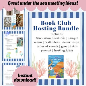 Könnte beinhalten: Ein digitales Buchclub-Hosting-Paket mit blauen und weißen Streifen, das das Buch Remarkably Bright Creatures von Shelby Van Pelt, Diskussionsfragen, Menüvorschläge, Bastelideen, Dekorationsinspirationen und ein Sofort-Download-Etikett enthält.