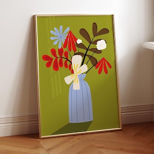 Minimalist Flower Poster Digital Print Bright Green Wildflower Wall Decor Colorful Floral Danish Design Poster Botanical Flowers Original