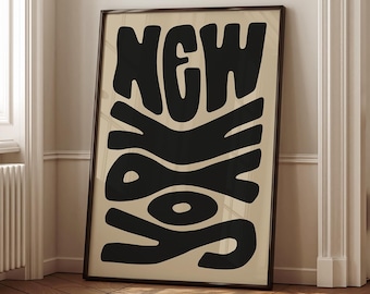 Minimalist New York City Print, Black Beige Wavy Typography (Digital Download)