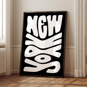 Groovy New York Art Print, Retro inspired NYC Poster, Black and White Wall Art, Digital Download, Geometric Art, Bold Typography Wall Decor