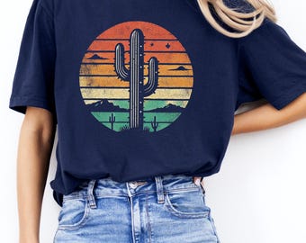 Camiseta con gráfico de cactus al atardecer retro: Camisa vintage del desierto