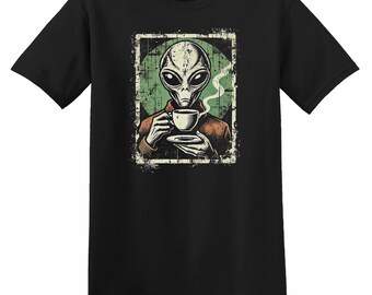 Funny Alien Drinking Coffee T-Shirt: Sci-Fi Barista Graphic Tee