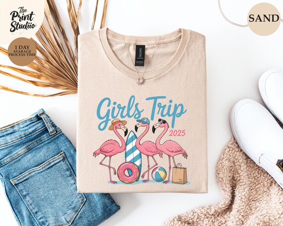 Girls Trip 2025 Flamingo T-Shirt Fun Summer Beach Shirt Colorful Surfboard Graphic Girls Trip Matching Vacation Shirt Bachelorette Gift Tee