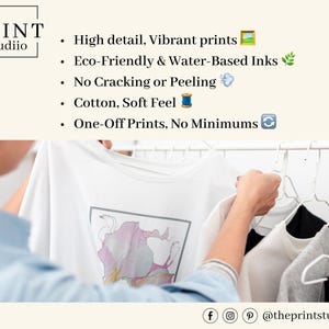 May include: A white t-shirt with a framed abstract design in pink and gray is held up on a hanger. The image also shows text that reads "High detail, Vibrant prints", "Eco-Friendly & Water-Based Inks", and "One-Off Prints, No Minimums".