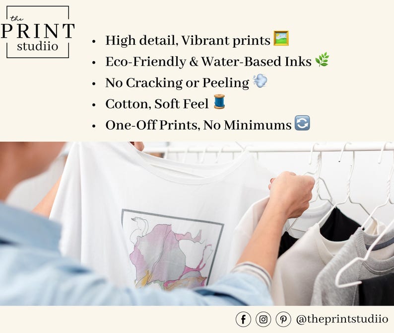 May include: A white t-shirt with a framed abstract design in pink and gray is held up on a hanger. The image also shows text that reads "High detail, Vibrant prints", "Eco-Friendly & Water-Based Inks", and "One-Off Prints, No Minimums".