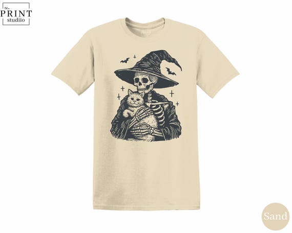 Skeleton Hugs Cat T-Shirt, Spooky Halloween Graphic Tee