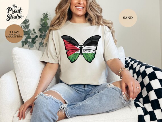 Palestine Flag Butterfly Charity T-Shirt, Free Palestine Support Tee, Peace and Freedom Graphic, Gaza Awareness Donation Shirt