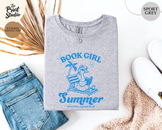 Book Girl Summer T-Shirt Funny Silly Goose Graphic Tee Custom Color Book Lover Shirt Summer Reading Tee Cute Nerdy Humor Gift Tee